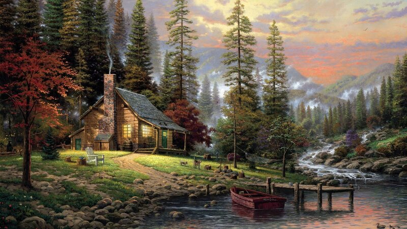 Cabin in Forest — Green, Serene, Sunset