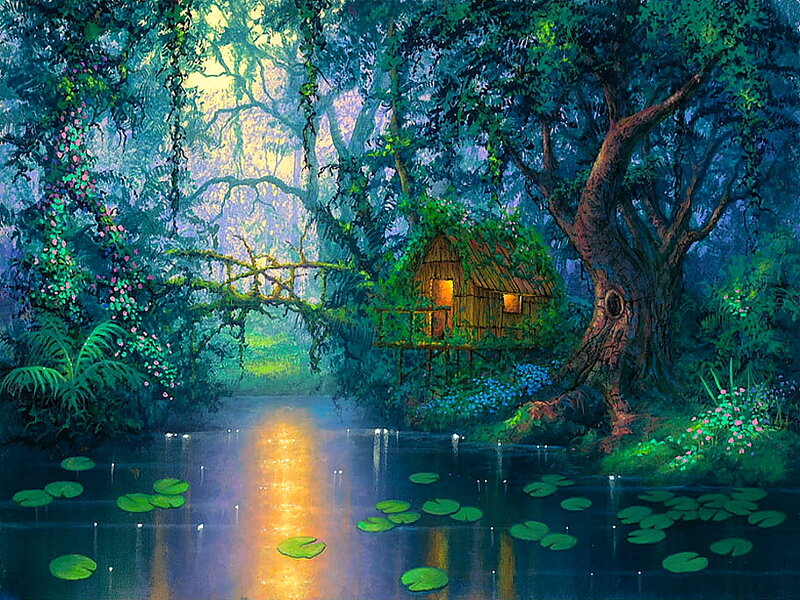 Cabin in Forest Pond — Green