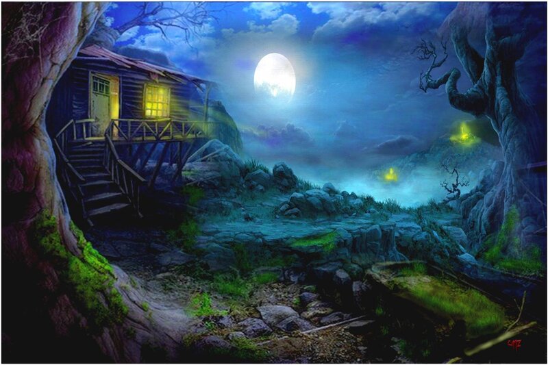 Cabin in Moonlit Forest