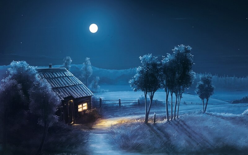 Cabin in Moonlit Landscape — Blue