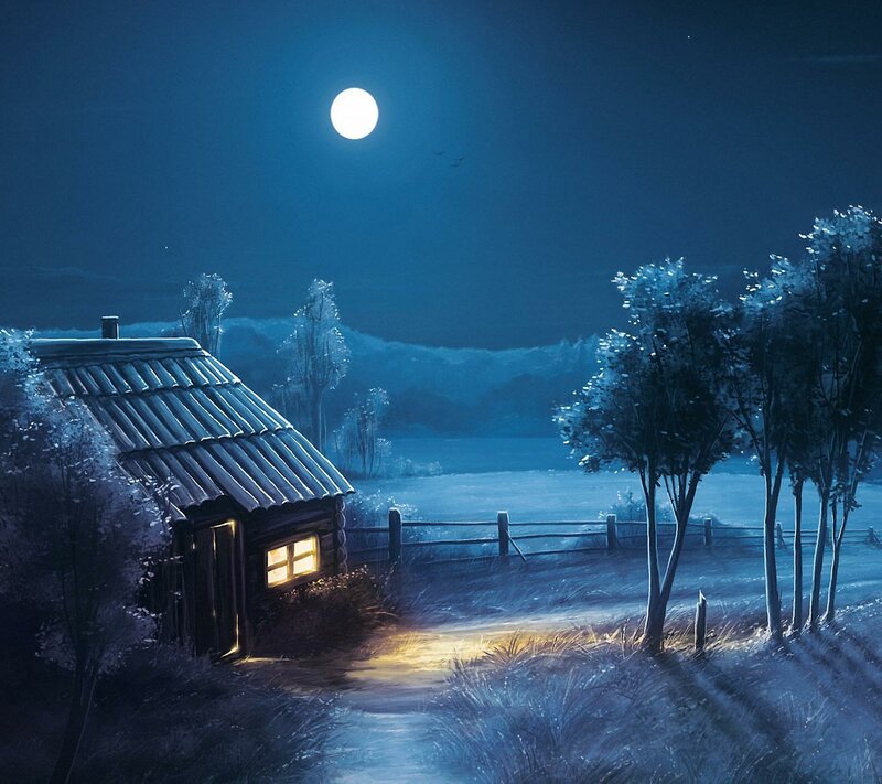 Cabin in Moonlit Landscape