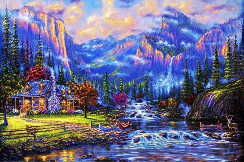Cabin in Mountain Valley — Blue, Serene, Sunset