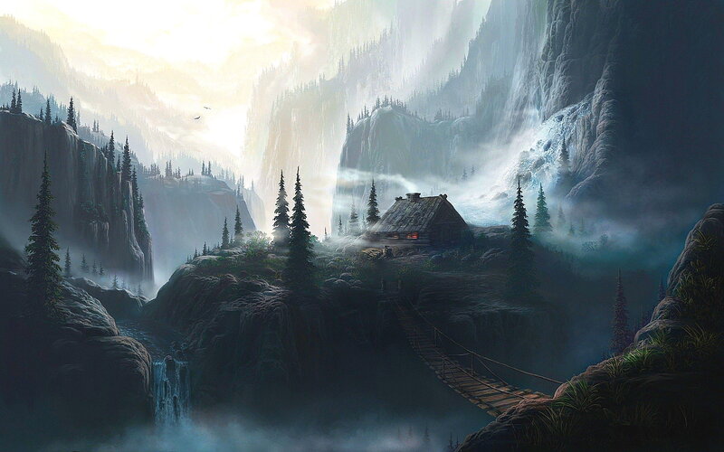 Cabin in Mountain Valley — Blue, Serene