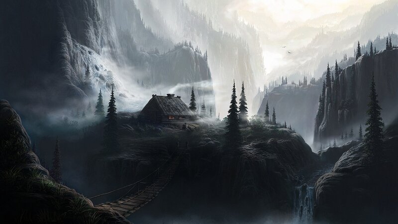 Cabin in Mountain Valley — Gray, Dramatic, Morning, Digital Art, Mountains, Forest, Bridge