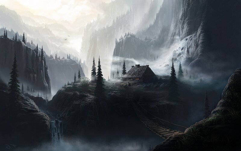 Cabin in Mountain Valley — Gray, Dramatic, Morning, Digital Art, Mountains, Forest