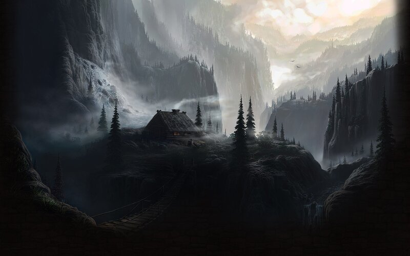 Cabin in Mountain Valley — Gray, Dramatic, Morning, Digital Art, Mountains