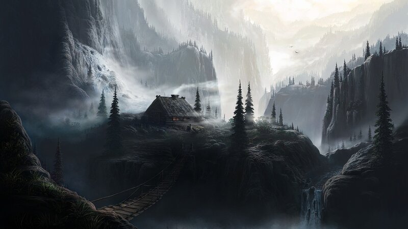 Cabin in Mountain Valley — Gray, Dramatic, Morning, Digital Art