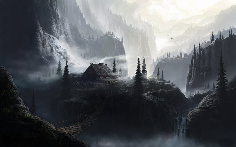Cabin in Mountain Valley — Gray, Dramatic, Morning