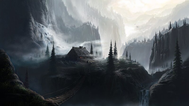 Cabin in Mountain Valley — Gray, Dramatic