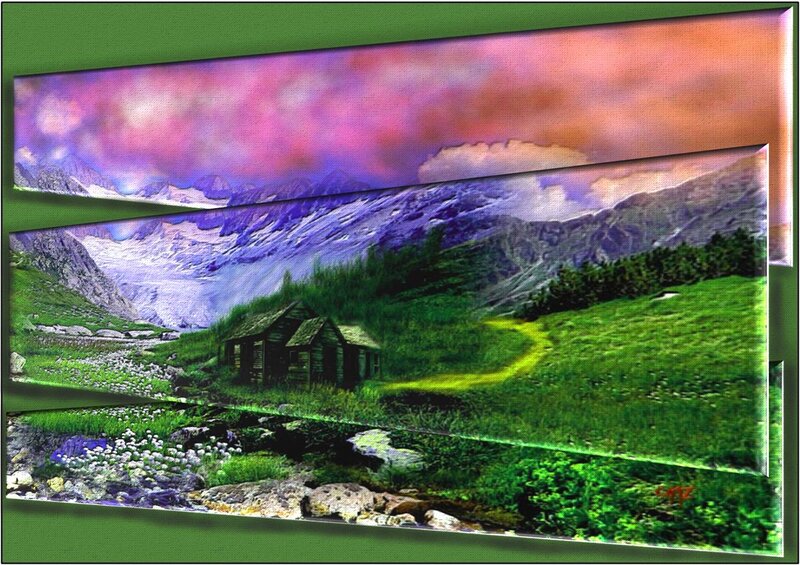 Cabin in Mountain Valley — Green, Dramatic, Sunset