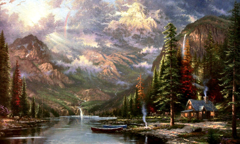 Cabin in Mountain Valley — Green, Serene, Afternoon, Painting, Mountains