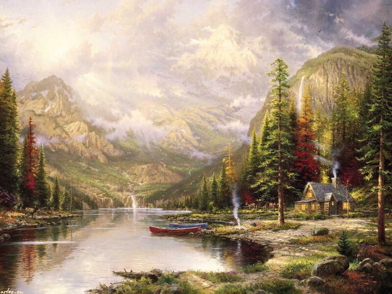 Cabin in Mountain Valley — Green, Serene, Afternoon, Painting