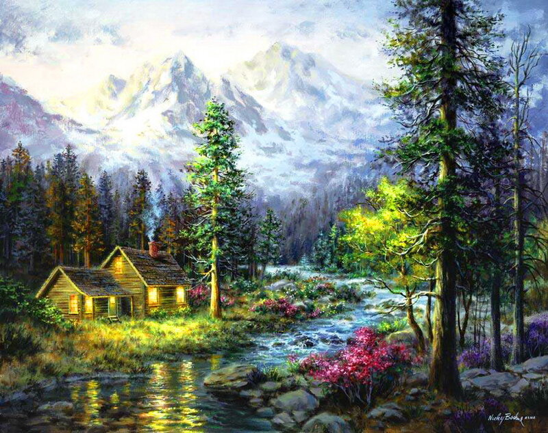 Cabin in Mountain Valley — Green, Serene, Morning, Painting