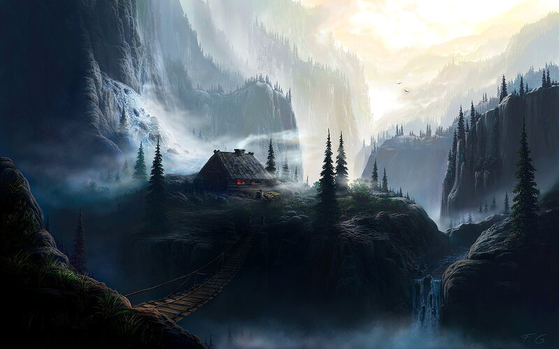 Cabin in Mountain Valley — Green, Serene, Morning