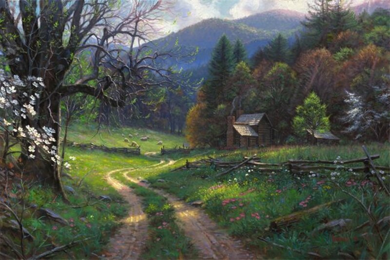 Cabin in Mountain Valley — Green, Serene, Spring, Painting