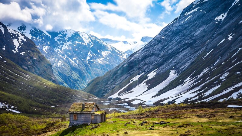 Cabin in Mountain Valley — Green, Serene, Spring, Photograph
