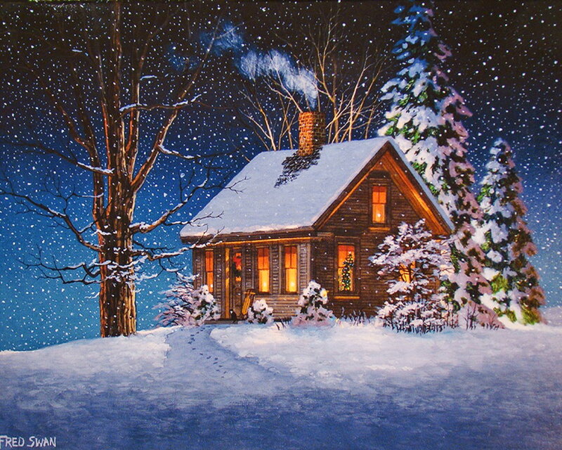 Cabin in Snow — Blue, Peaceful