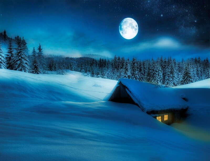 Cabin in Snow — Blue, Serene, Night, Digital Art, Moon