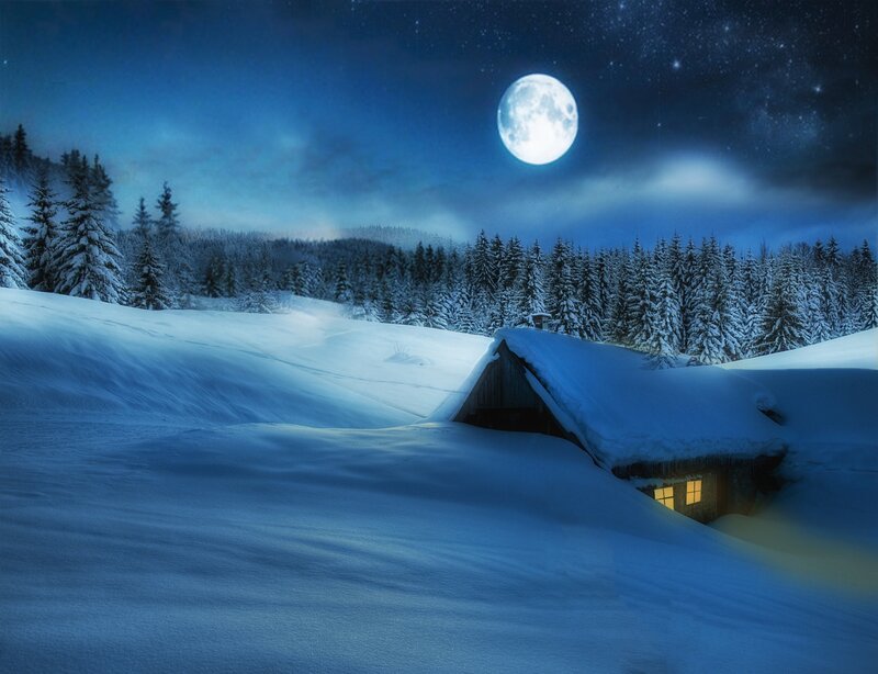Cabin in Snow — Blue, Serene, Night, Digital Art