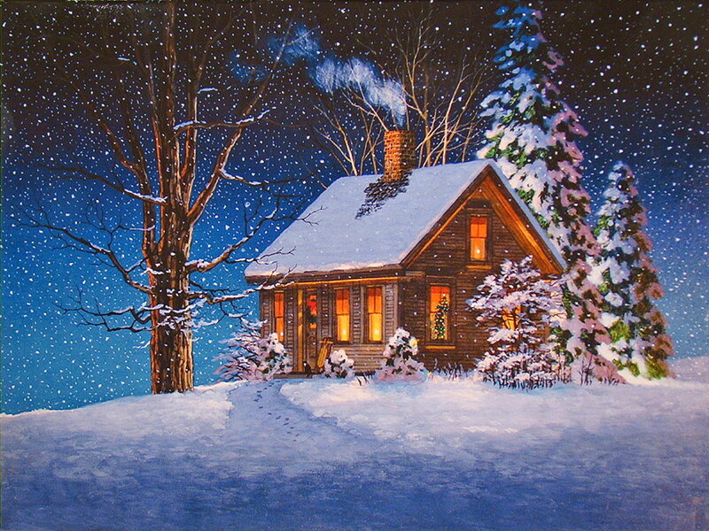 Cabin in Snow — Blue, Serene, Night, Painting