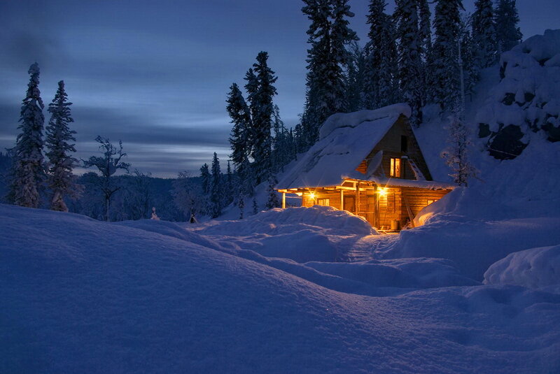 Cabin in Snow — Blue, Serene, Night, Photograph