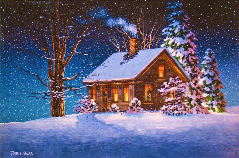 Cabin in Snow — Blue, Serene, Night