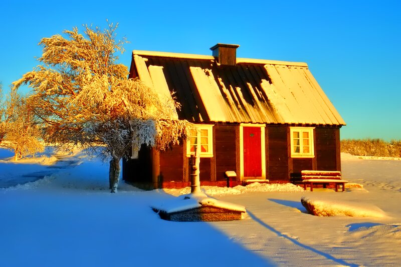 Cabin in Snow — Blue, Serene, Winter
