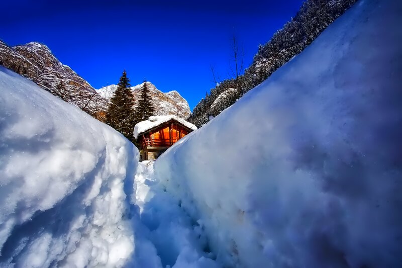 Cabin in Snow Tunnel