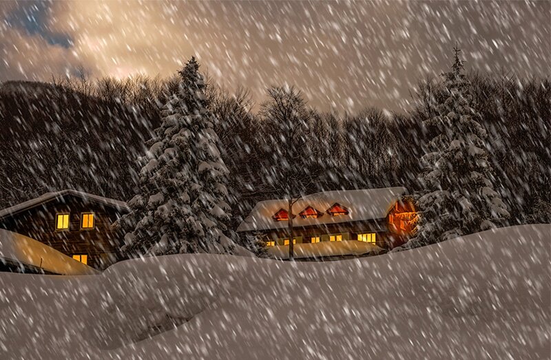 Cabin in Snowstorm — White, Cold, Night