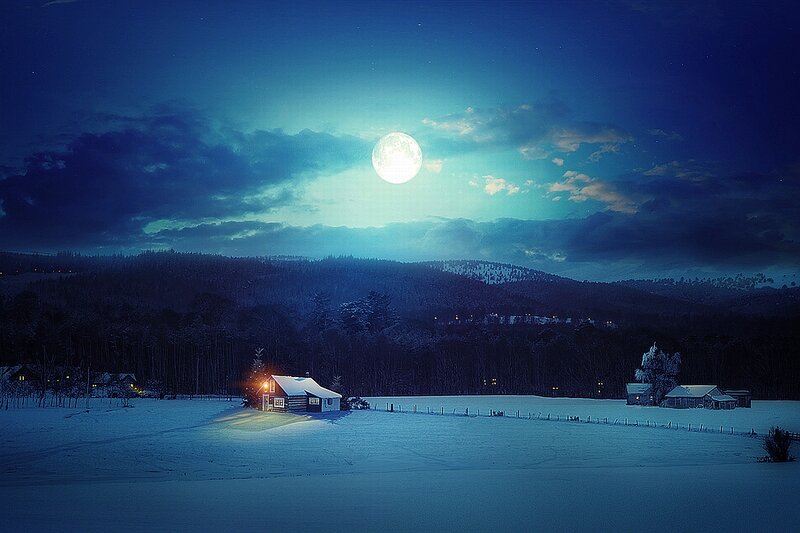 Cabin in Snowy Field — Blue, Serene