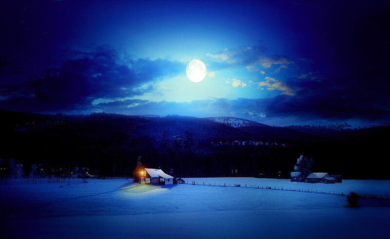 Cabin in Snowy Field — Blue