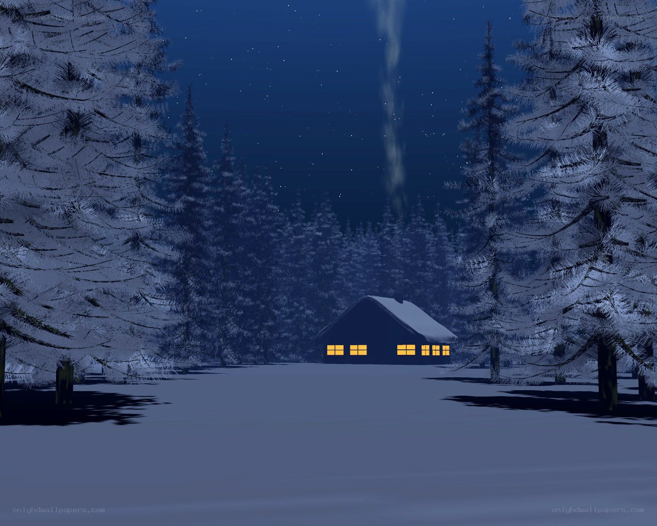 cabin in snowy forest at night