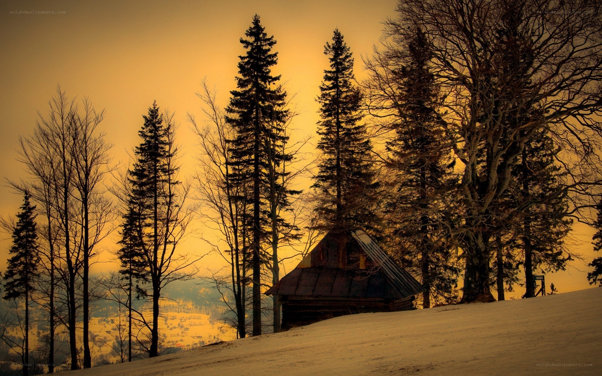 Cabin in snowy forest at sunset