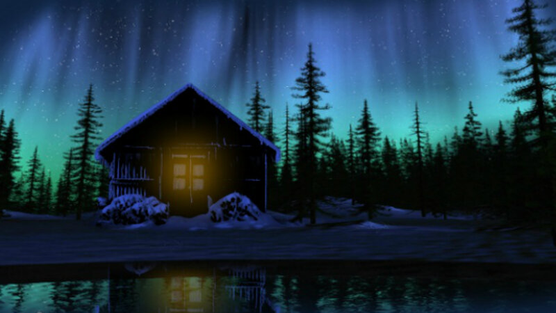 Cabin in Snowy Forest — Blue, Serene, Night, Digital Art, Aurora Borealis