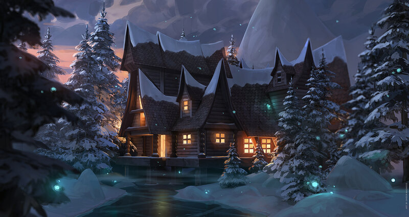 Cabin in Snowy Forest — Blue, Serene, Night, Digital Art, Snow-covered Trees
