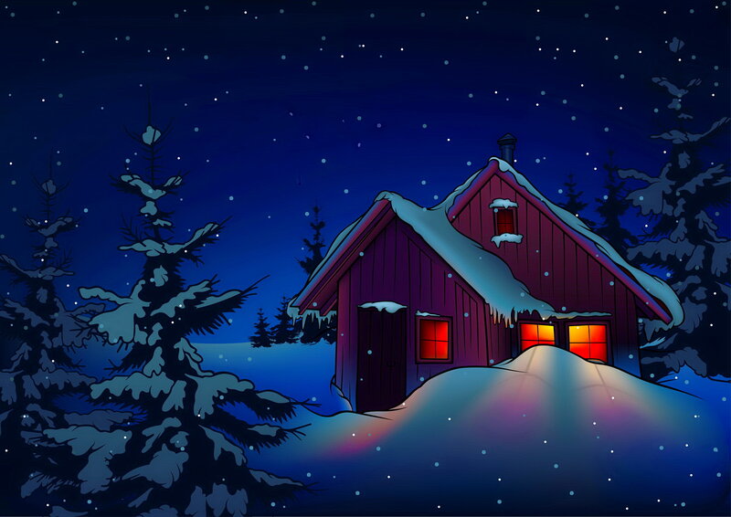 Cabin in Snowy Forest — Blue, Serene, Night, Digital Art, Snow, Trees, Windows