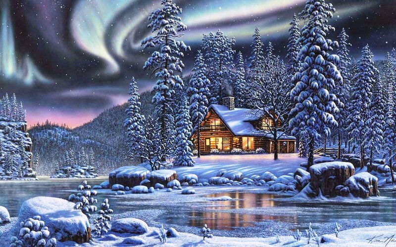 Cabin in Snowy Forest — Blue, Serene, Night, Digital Art
