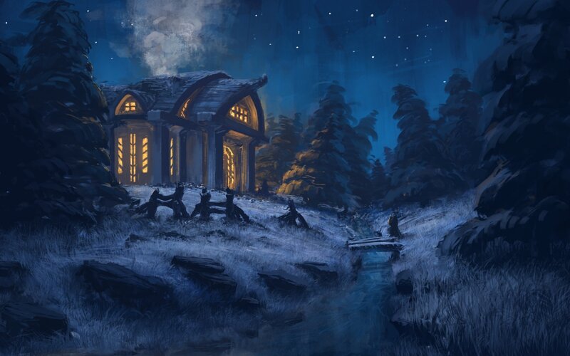 Cabin in Snowy Forest — Blue, Serene, Night, Digital Art, Trees, Stream