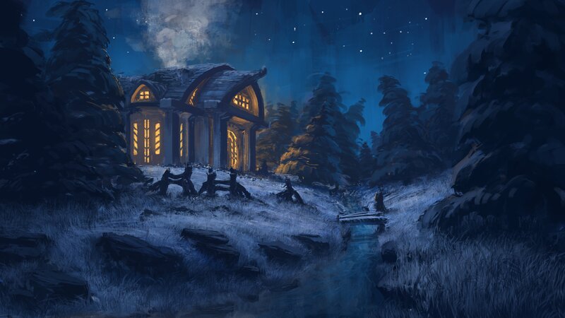 Cabin in Snowy Forest — Blue, Serene, Night, Digital Art, Trees, Stream, Windows