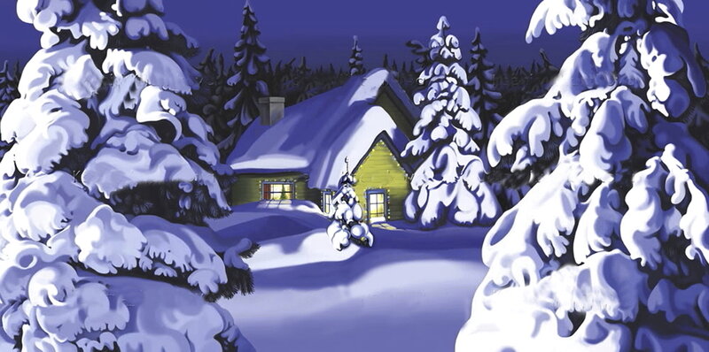 Cabin in Snowy Forest — Blue, Serene, Night, Digital Art, Trees