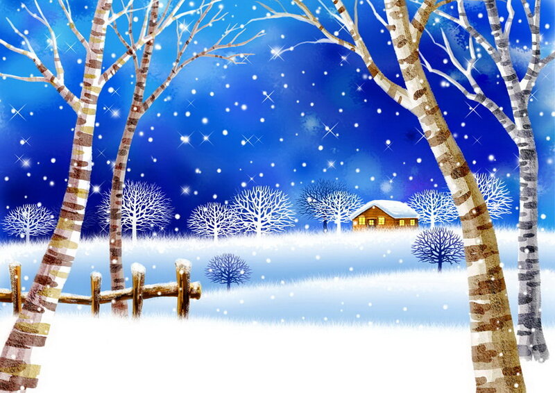 Cabin in Snowy Forest — Blue, Serene, Night, Illustration
