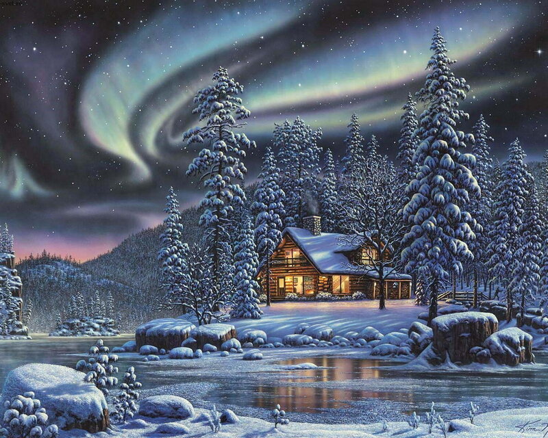 Cabin in Snowy Forest — Blue, Serene, Night, Painting, Aurora Borealis