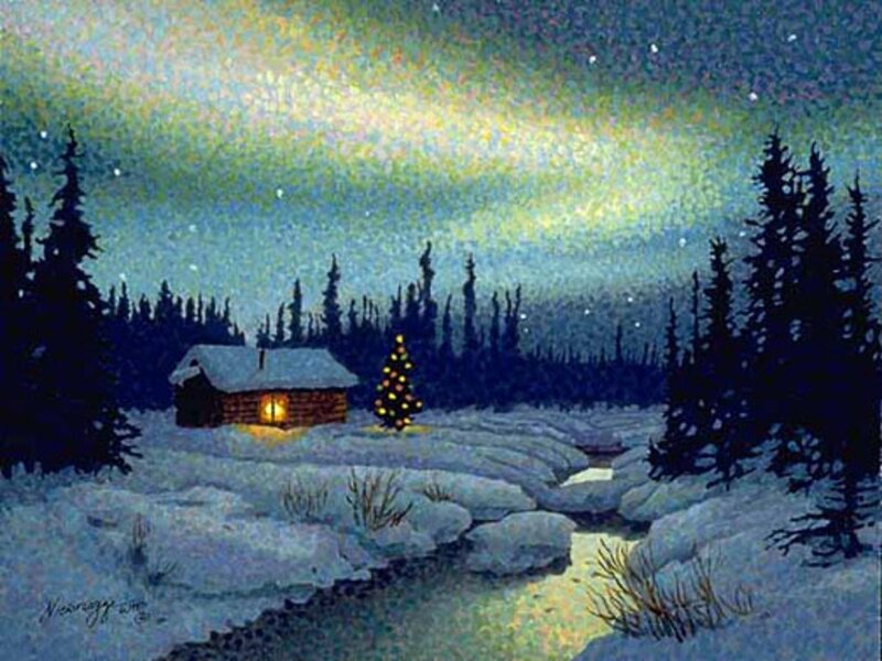 Cabin in Snowy Forest — Blue, Serene, Night, Painting, Christmas Tree