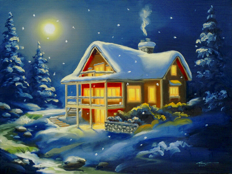 Cabin in Snowy Forest — Blue, Serene, Night, Painting, Snow, Moon