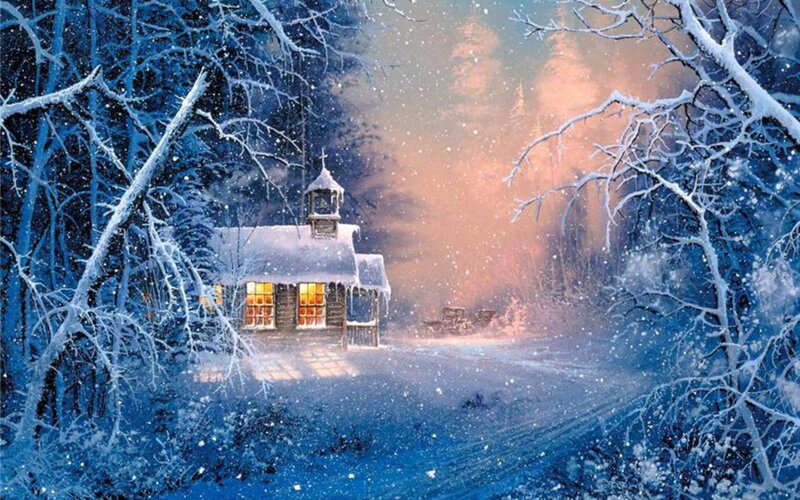 Cabin in Snowy Forest — Blue, Serene, Night, Painting, Snow