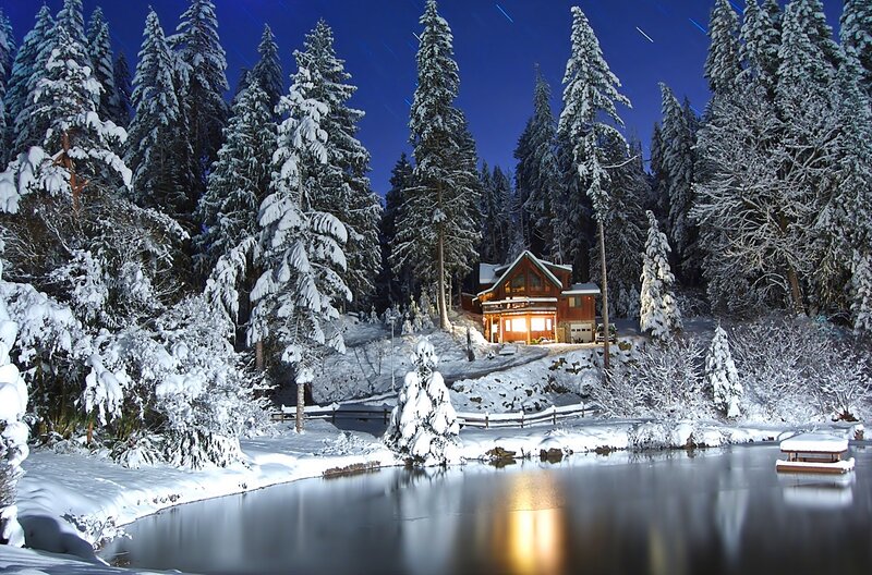 Cabin in Snowy Forest — Blue, Serene, Night, Photograph, Lake