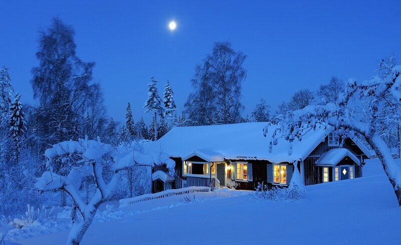 Cabin in Snowy Forest — Blue, Serene, Night, Photograph, Moon, Snow
