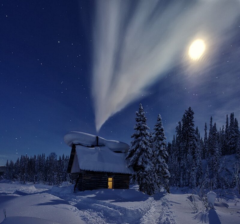 Cabin in Snowy Forest — Blue, Serene, Night, Photograph, Moon, Trees