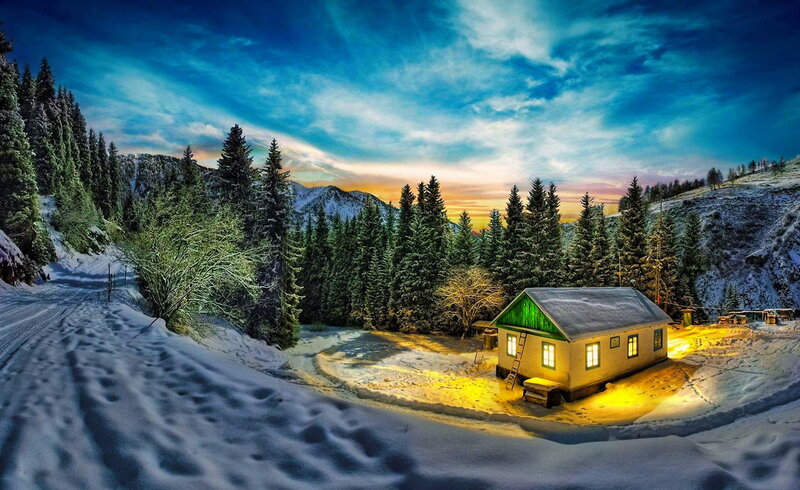 Cabin in Snowy Forest — Blue, Serene, Night, Photograph, Snow