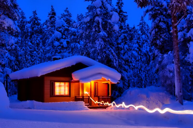 Cabin in Snowy Forest — Blue, Serene, Night, Photograph, Snow, Trees, Light Trail